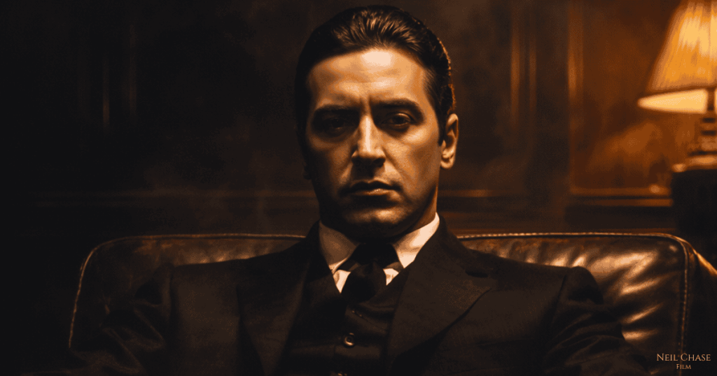 A stern man in a dark three-piece suit sits in a leather chair under warm lamplight, framed head-on in a moody, wood-paneled room. Michael Corleone in The Godfather.