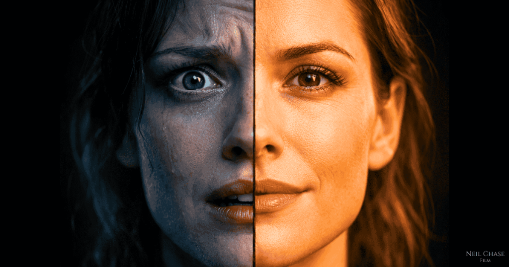 Split portrait of a woman’s face, half shadowed and fearful, half warmly lit and calm, suggesting a contrast between anxiety and control.