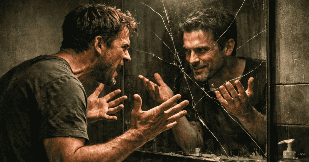 A distressed man shouts at his reflection in a cracked, dirty mirror, hands raised as the dim room heightens the tense mood.