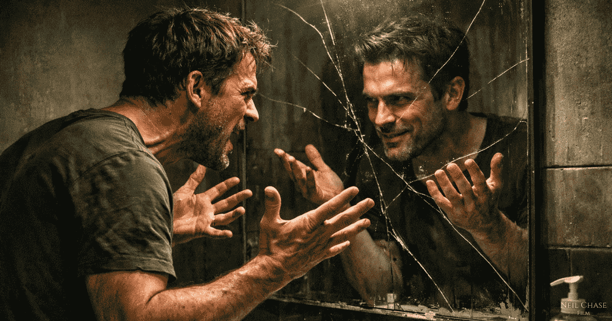 A distressed man shouts at his reflection in a cracked, dirty mirror, hands raised as the dim room heightens the tense mood.